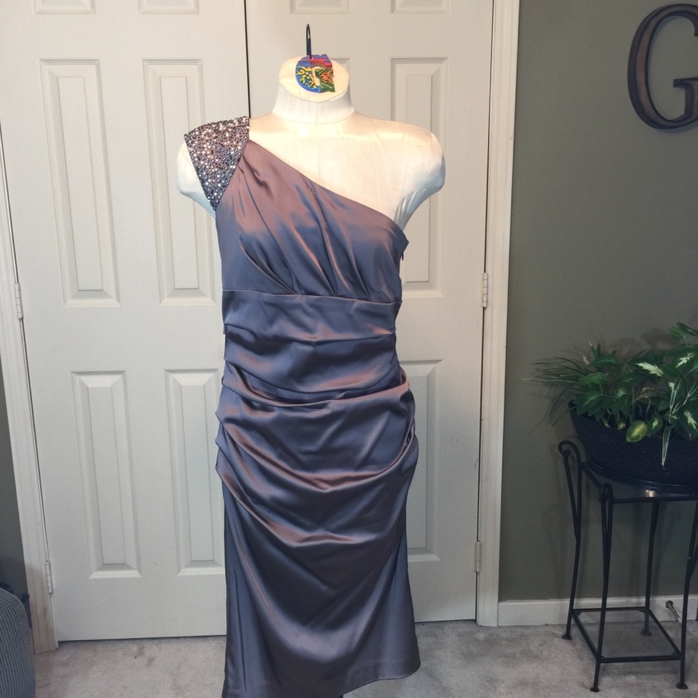 Suzi Chin One Shoulder Mocha/Tan Cocktail Dress  8